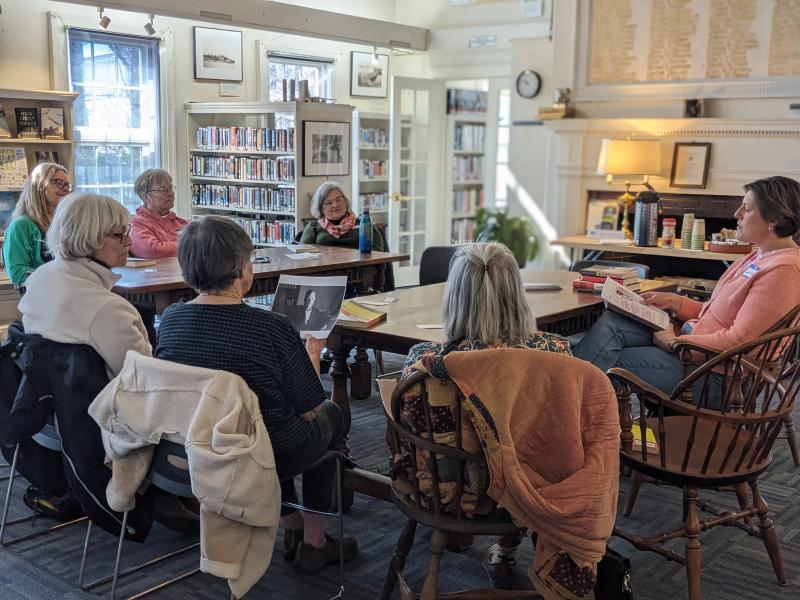 Larissa Picard of Maine Humanities Council facilitates a discussion of “We” by Yevgeny Zamyatin, et al. The discussion highlighted the parallels between the book’s dystopia and modern day Russia and North Korea. CANDI JONETH/Boothbay Register