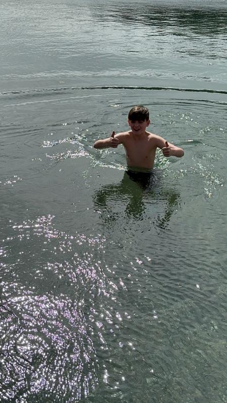 Matthew Cusumano takes a dip for Boothbay Special Olympics. Toby LeConte photo