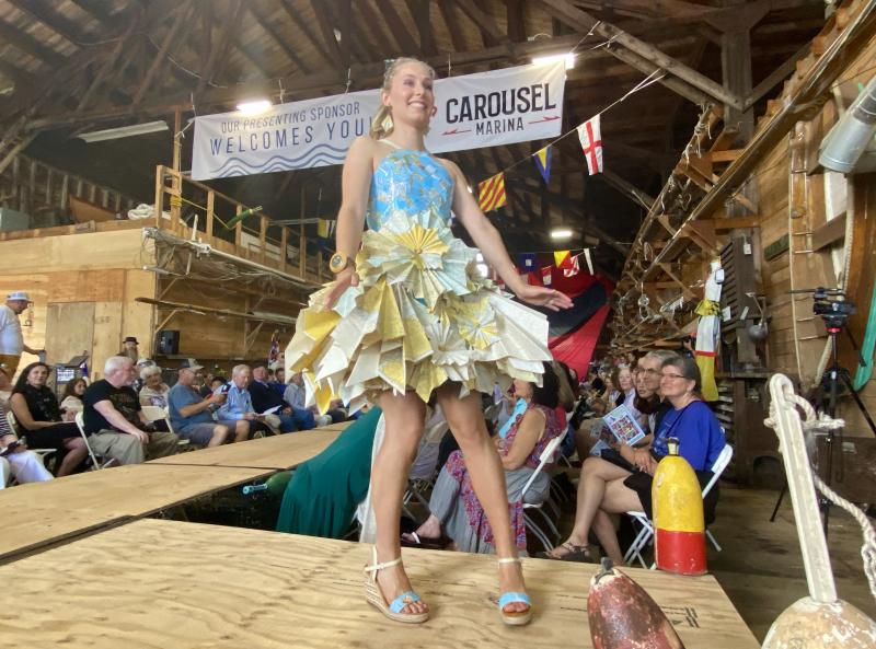 Modeled by her grandaughter Olivia Paolillo, Lorna Andrews’ vintage map dress takes home first place in People’s choice. ISABELLE CURTIS/Boothbay Register