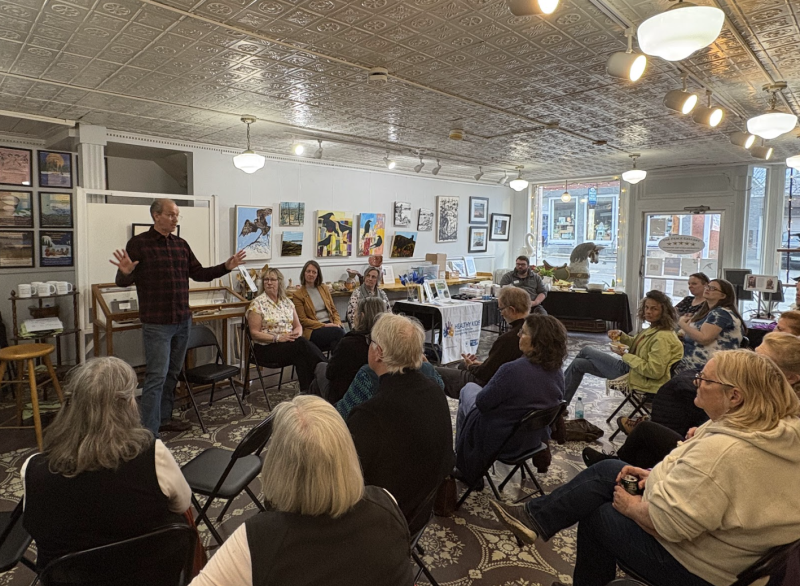 Studio B co-founder and executive director Peter Bruun speaking at the “Elisif’s Story” screening event held April 24 at the Peace Gallery in Damariscotta, with guest panelists State Representative Lydia Crafts, Healthy Kids executive director Char Corbett, and Grieving Hearts of Lincoln County founder Sharon Bailey. Courtesy photo “Elisif’s Story”