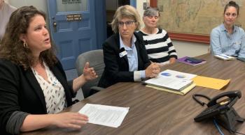 Lincoln County Restorative Justice Director Drew Himmelstein, left, responds to a question Sept. 20 during the commissioners’ meeting. Himmelstein along with other Restorative Justice Maine officials Kathy Durbin-Leighton, second left, Margaret Micoichek and Joanne Crisp, right, sought funding for the local program. BILL PEARSON/Boothbay Register