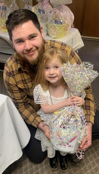 Scarlett Scribellito and her father Joe Scribellito attended the Palm Sunday brunch at East Boothbay United Methodist Church. Scarlett received an Easter Basket given out by the church. BILL PEARSON/Boothbay Register palm sunday