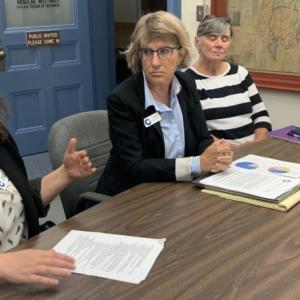 Lincoln County Restorative Justice Director Drew Himmelstein, left, responds to a question Sept. 20 during the commissioners’ meeting. Himmelstein along with other Restorative Justice Maine officials Kathy Durbin-Leighton, second left, Margaret Micoichek and Joanne Crisp, right, sought funding for the local program. BILL PEARSON/Boothbay Register