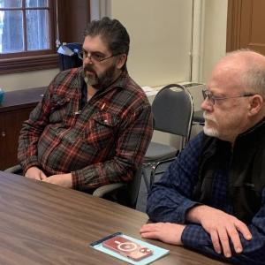 Lincoln County Search and Rescue team members Capt. Don Gleason of Dresden, right, and Lt. Dan MacWalters of Damariscotta meet with commissioners April 11. BILL PEARSON/Boothbay Register