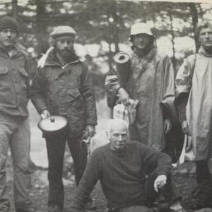 The Allagash four plus one. From left to right in back: Charlie Foltz, Chuck Rak, and the Weiner twins. Seated man came out of the woods, stayed for awhile, left, and never gave his name.