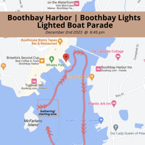 The gathering spot for the Lighted Boat Parade and route are shown. The boats do TWO LOOPS around, giving plenty of time to show off your dazzling display, to the delight of the crowd! Lighted Boat Parade Route